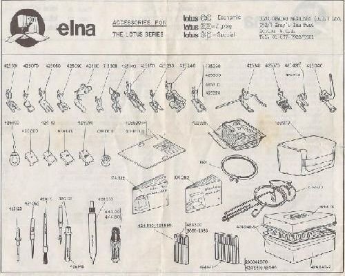 Elna Lotus Series Accessories Chart